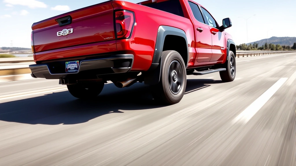 Full-size pickup truck in motion on highway, dynamic perspective, clear sky, showcasing truck proportions and capability