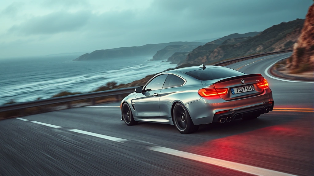 High-performance sports sedan accelerating on empty coastal highway, dynamic motion, professional photography, dramatic lighting