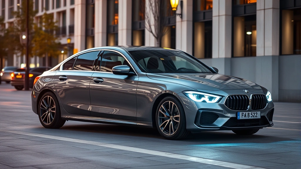 Modern sedan parked in urban setting showing sleek profile, contemporary alloy wheels, and advanced LED lighting technology