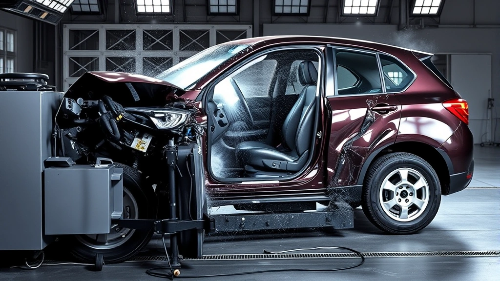 Frontal crash test impact showing vehicle crumple zone deformation while passenger compartment remains rigid, demonstrating structural safety engineering