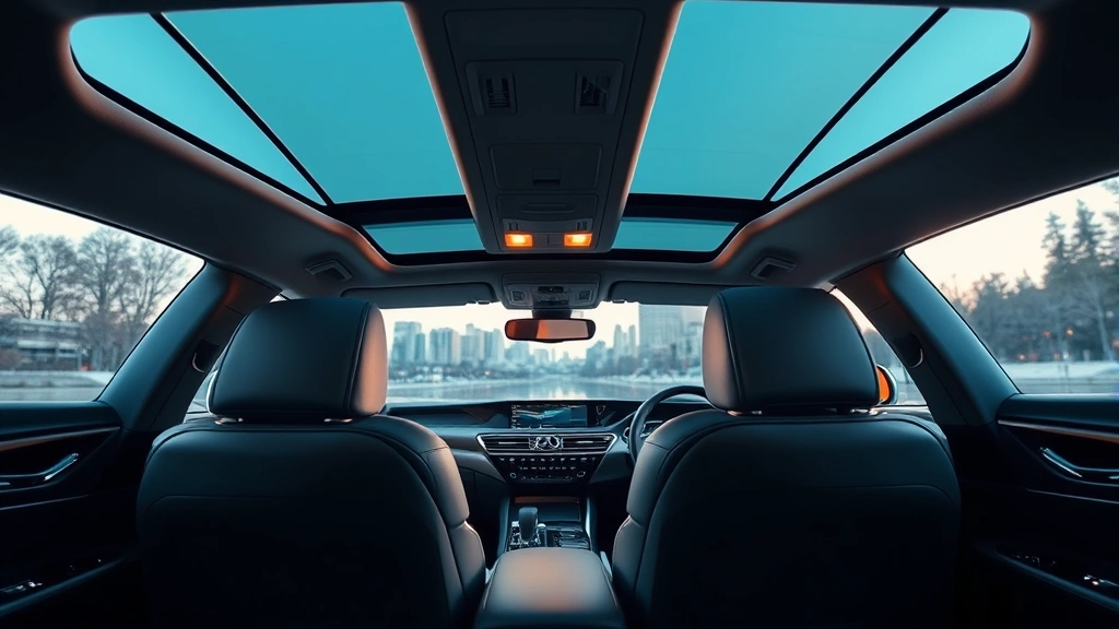Spacious interior cabin view of 2024 Lexus ES Hybrid showing premium leather seats, ambient lighting, panoramic moonroof, and modern infotainment dashboard, luxury automotive interior photography
