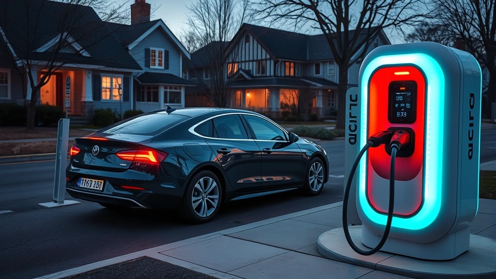 Electric sedan charging at modern public charging station, futuristic station design, glowing charging port, evening twilight lighting, residential neighborhood backdrop, technology-focused composition