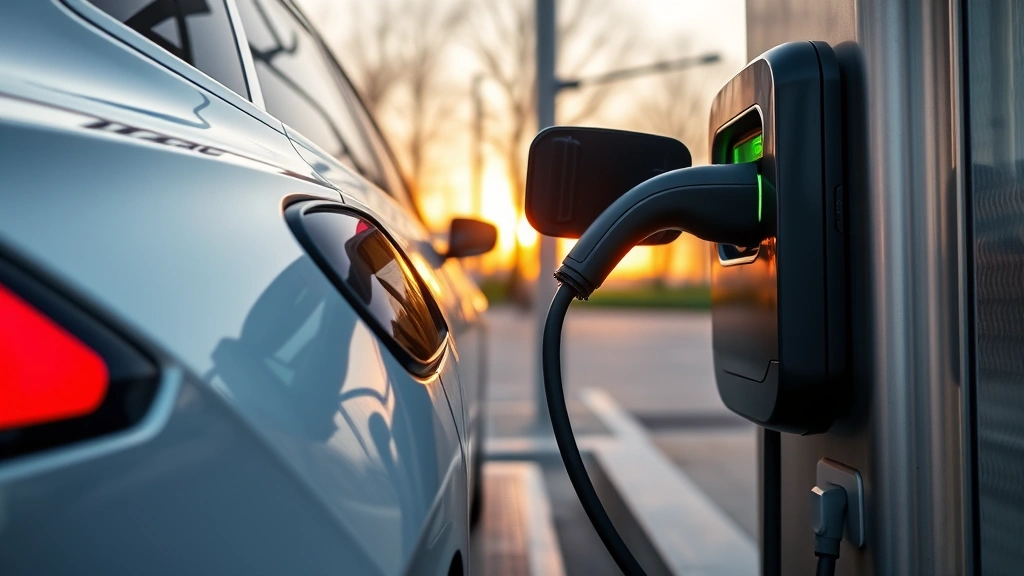 Modern electric vehicle charging at public charging station during daytime, sleek contemporary design with detailed focus on charging connector and vehicle interaction