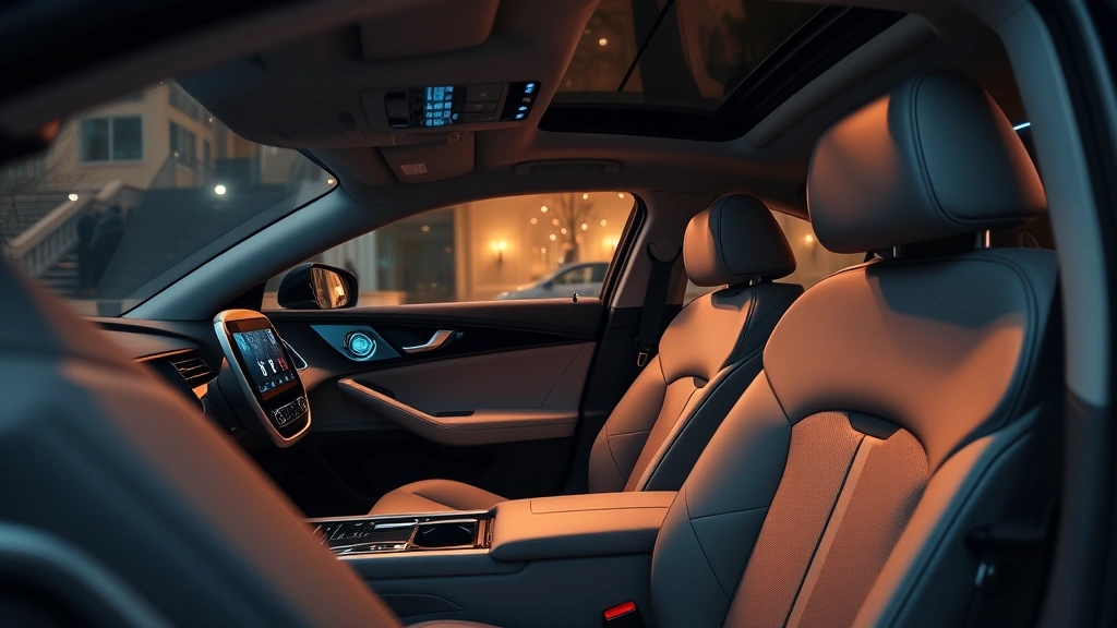 Luxury sedan interior close-up featuring premium leather seats, modern infotainment system, and ambient lighting, highlighting sophisticated design and technology integration