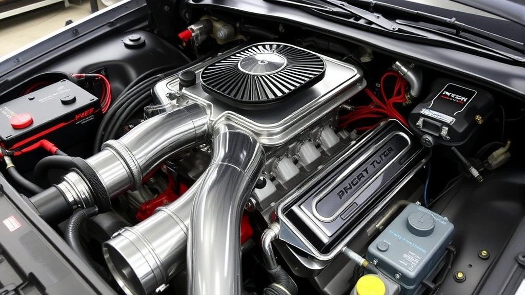 Engine bay with custom intake manifold, polished components, and professional tuning equipment visible during installation