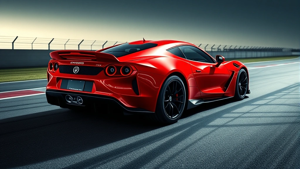 High-performance mid-engine sports car in bright red, captured from side profile on empty racetrack with tire marks visible, dramatic lighting emphasizing aerodynamic curves and carbon fiber accents