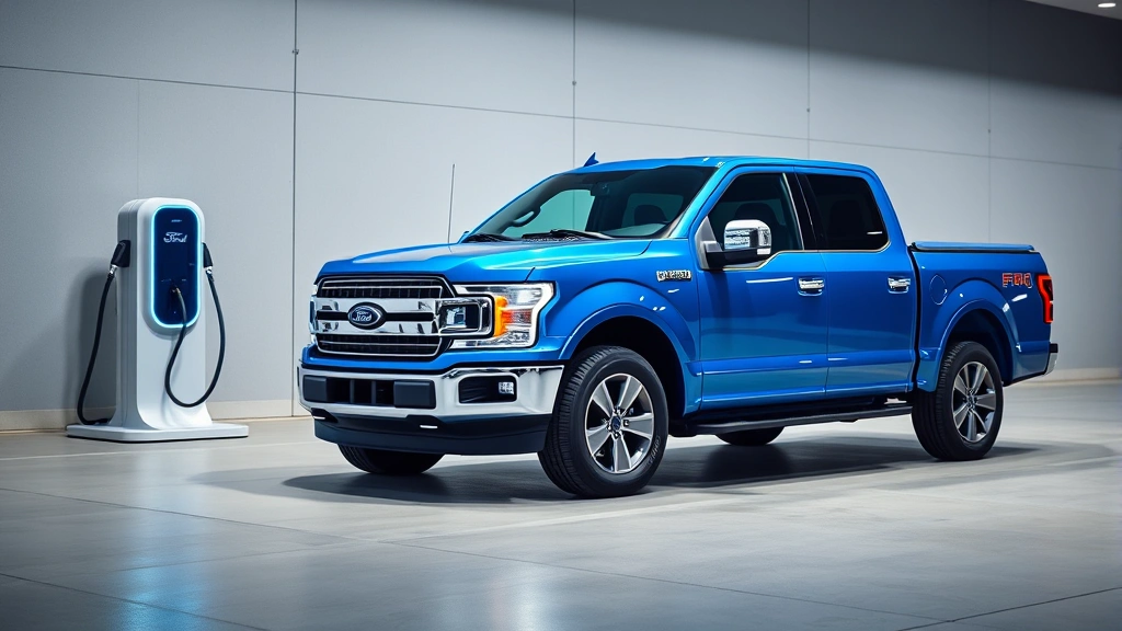 Ford F-150 Lightning electric truck in metallic blue towing capacity demonstration, modern charging station background, professional automotive photography style, clean composition