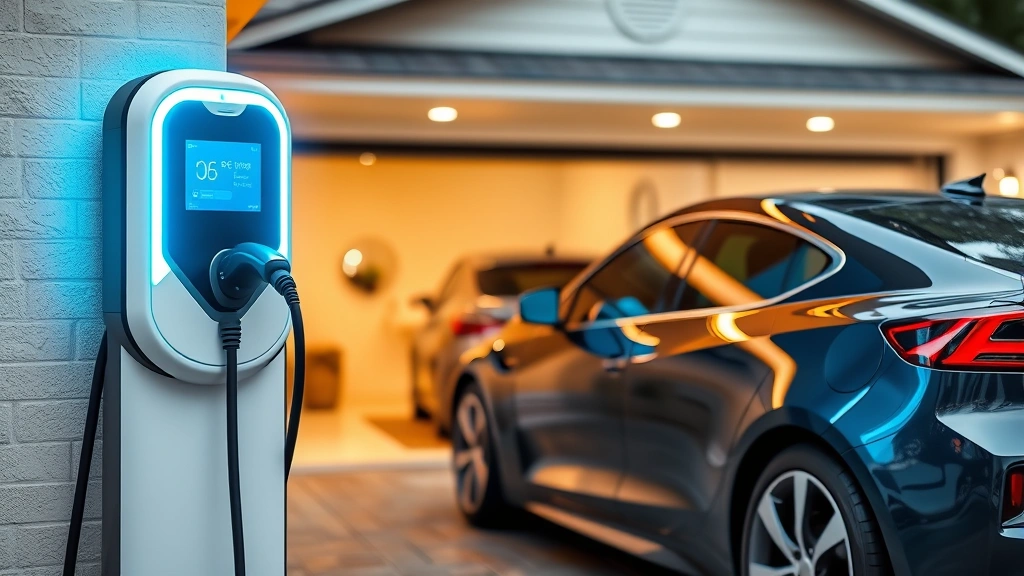 Electric vehicle charging at home charging station with residential garage background, showcasing modern sustainable transportation technology