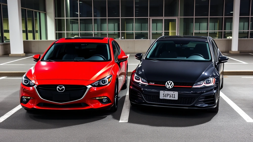 Mazda3 hatchback and Volkswagen Golf GTI comparison parked side-by-side, front three-quarter view, modern parking lot, contemporary automotive styling, professional dealership photography