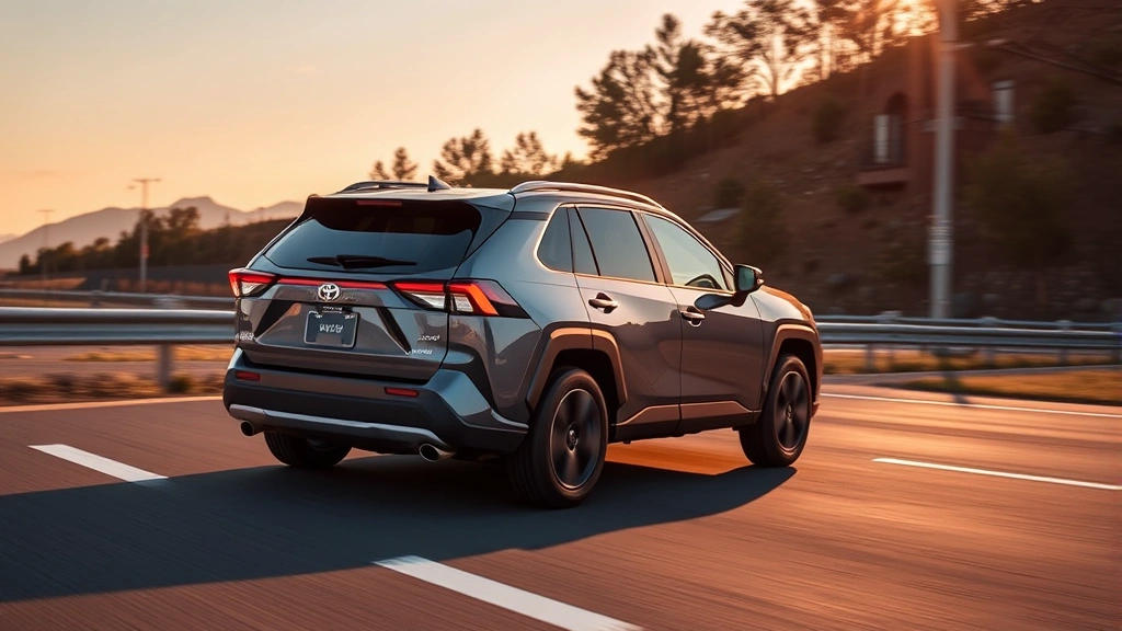 2024 Toyota RAV4 Prime hybrid SUV in motion on highway with dynamic lighting, showing all-wheel drive capability on varied terrain, professional action photography