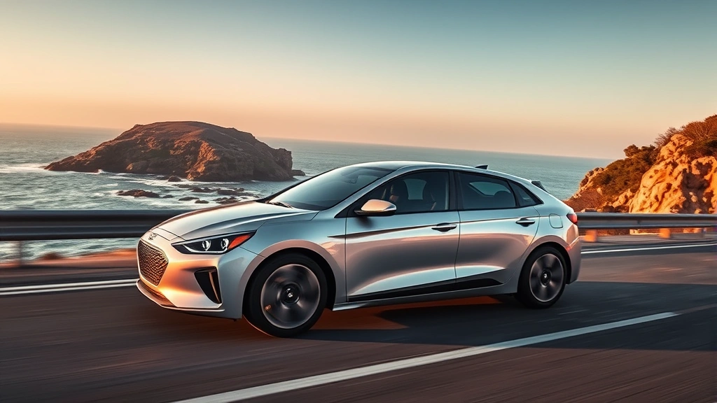 Hyundai Ioniq 6 silver-gray futuristic electric sedan dynamic low angle shot on coastal highway with ocean backdrop, natural golden hour sunlight highlighting aerodynamic design
