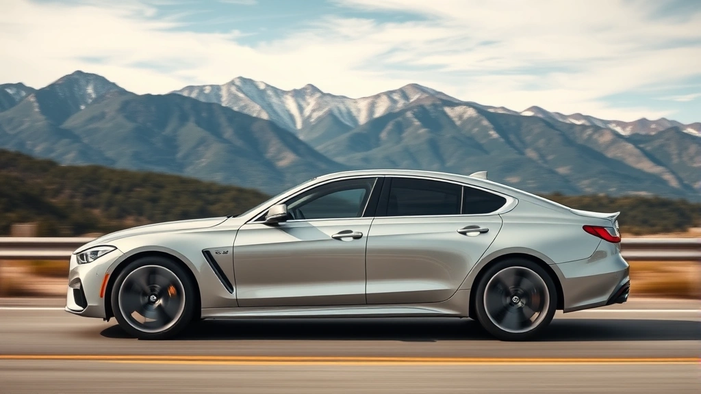 Side profile of luxury sedan in motion on open highway with mountains in background, dynamic angle showing aerodynamic design and wheel detail