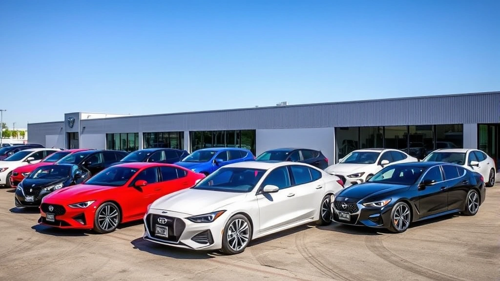Group of diverse 2024 sedans parked in lineup showing different colors and styles, modern luxury and mainstream models, bright outdoor setting, clear sky