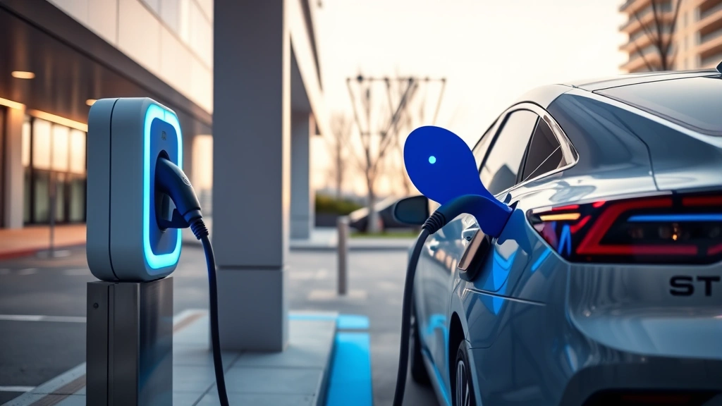 Electric vehicle charging at modern station, futuristic charging port glowing blue, minimalist charging station design, contemporary urban setting, clean architectural elements, professional automotive photography