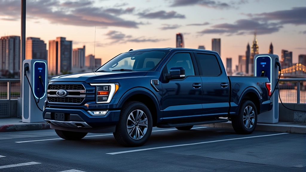 Ford F-150 Lightning electric truck in midnight blue parked at modern charging station with urban skyline background, contemporary truck design, professional automotive imagery