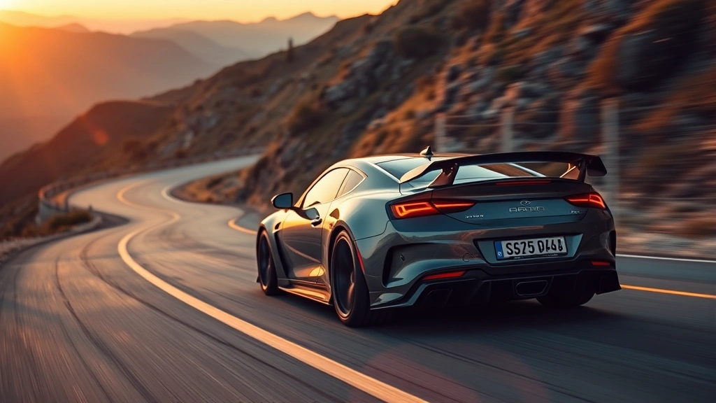 Performance car on winding mountain road during golden hour, aggressive stance, precise wheel placement, blurred background suggesting speed and control