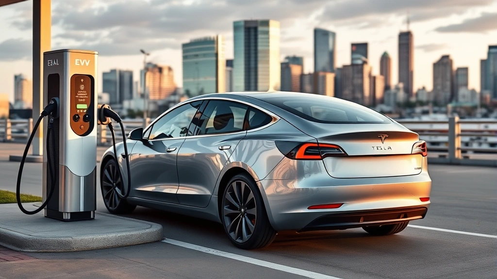 2024 Tesla Model 3 electric sedan charging at modern public charging station with city skyline background, demonstrating EV infrastructure and sustainable transportation technology