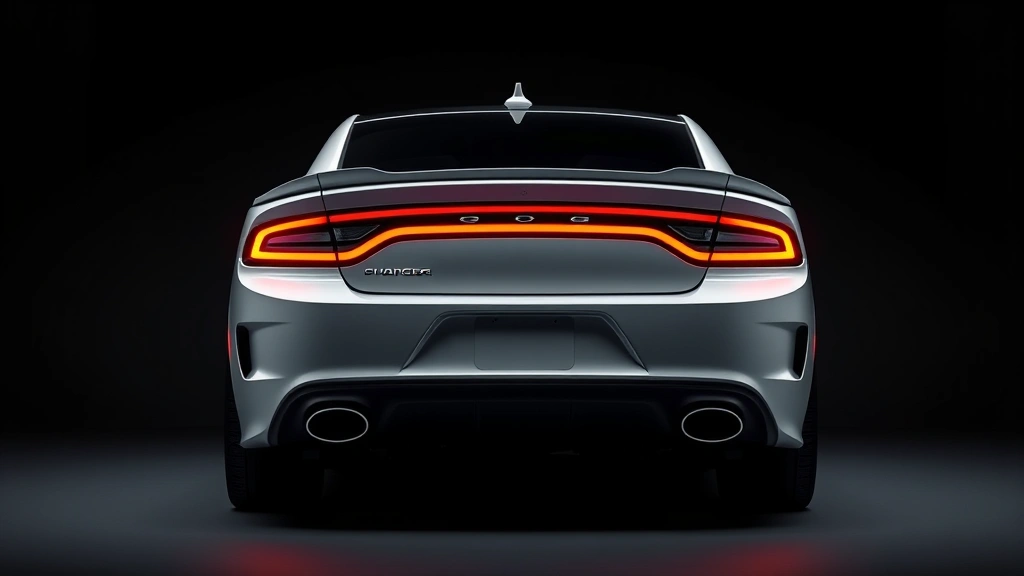 2024 Dodge Charger 6e electric muscle sedan rear three-quarter angle, aggressive stance, modern LED taillights, dramatic lighting, dark background highlighting design