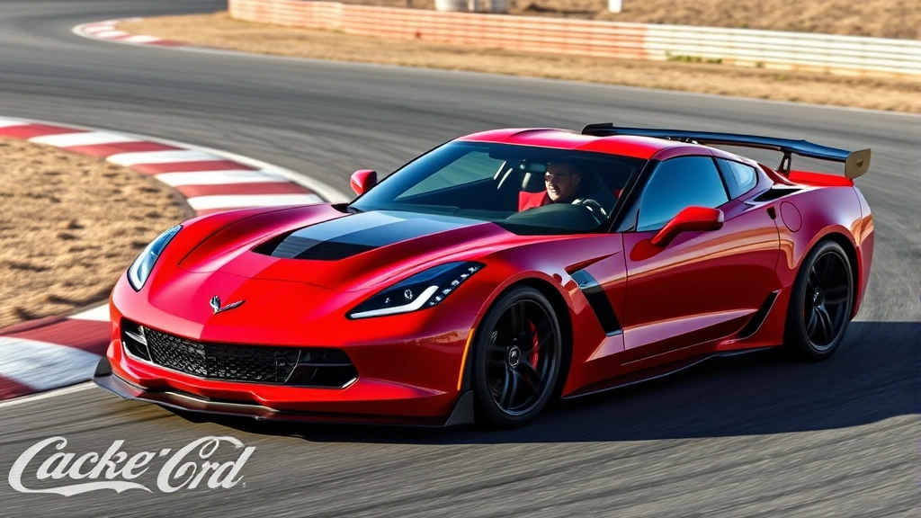Chevrolet Corvette Z06 mid-engine sports car in iconic red racing through technical road course corner, aggressive aerodynamic body kit visible, dynamic performance driving scene