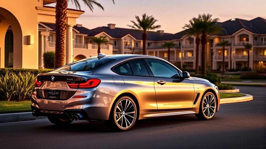 Elegant BMW M440i xDrive Gran Coupe parked at luxury resort, premium lighting highlighting metallic paint and sophisticated body lines, sunset ambiance