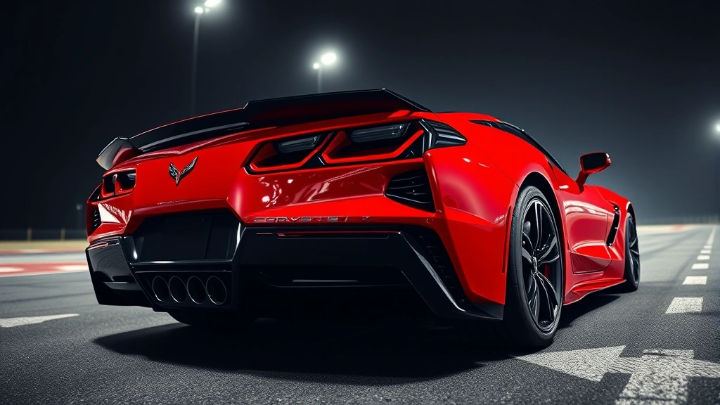 Chevrolet Corvette C8 mid-engine sports car in torch red, captured from low angle emphasizing aggressive stance and aerodynamic curves, professional track or studio lighting environment