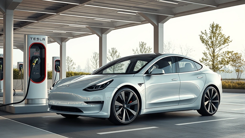 Tesla Model 3 electric sedan charging at modern EV station, futuristic design, clean minimalist aesthetic, sustainable technology focus