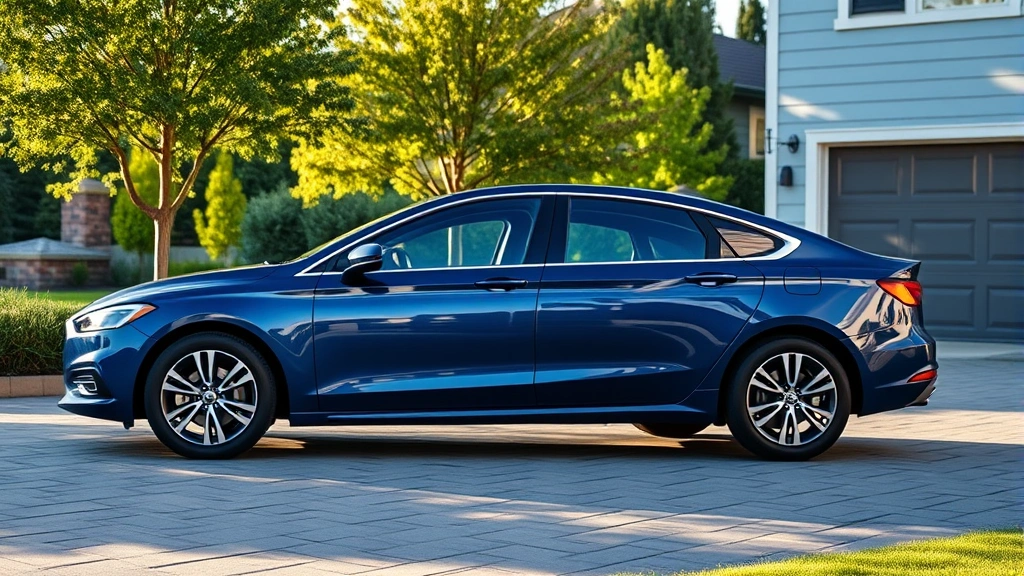 Mid-range family sedan in deep blue parked in modern suburban driveway, afternoon sunlight, showcasing proportional design and practical exterior styling
