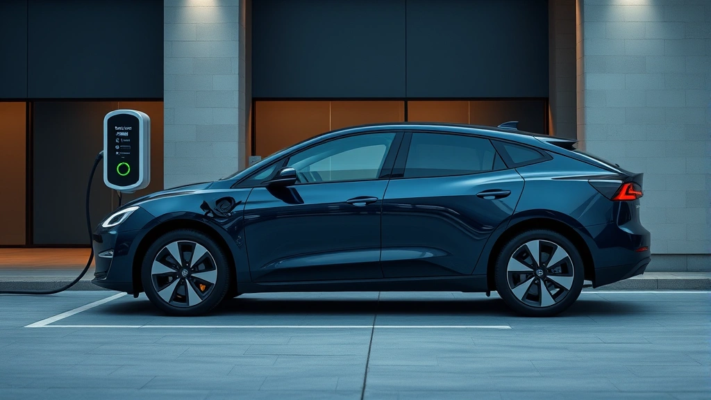 Modern electric vehicle in midnight blue, photographed charging at contemporary charging station with minimalist architectural background, showcasing sustainable automotive future