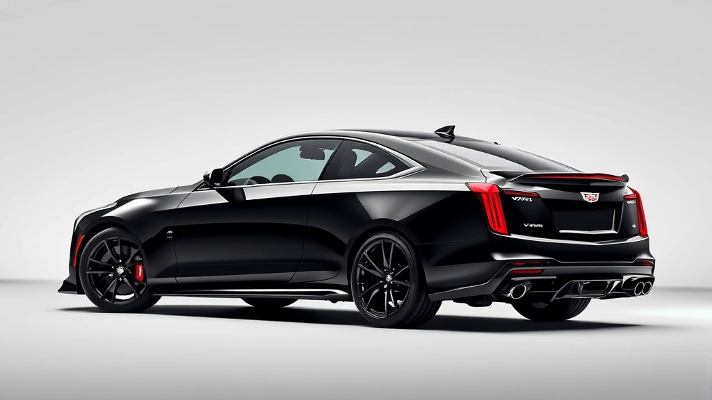 High-performance Cadillac CT5-V Blackwing in aggressive stance with muscular body lines, dramatic side profile showing sportiness and power, professional automotive photography with neutral background emphasizing design details