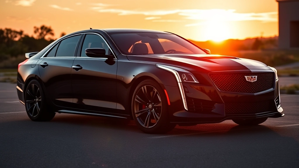 Cadillac CT5-V Blackwing muscular black sedan parked at sunset with golden hour lighting reflecting off polished hood, showcasing aggressive body lines and performance stance with wide-track wheels