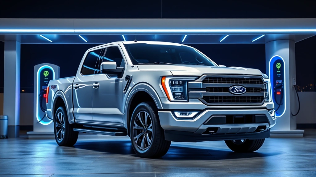 Ford F-150 Lightning electric truck parked at modern charging station with blue LED lighting, futuristic truck design showcase