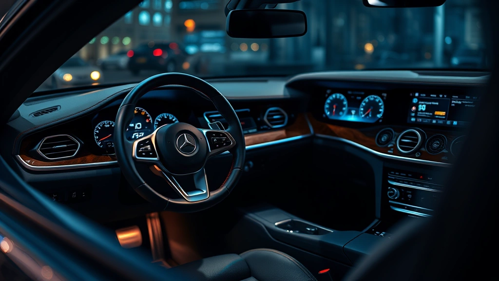 Interior detail photograph of luxury sedan dashboard and steering wheel, premium leather and wood trim visible, ambient lighting creating sophisticated atmosphere, modern infotainment display, professional lighting