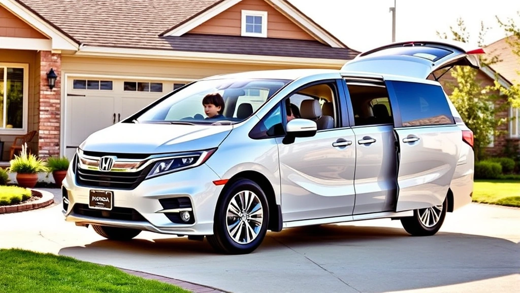 Modern Honda Odyssey minivan parked in suburban driveway with family-friendly neighborhood setting, showing spacious interior with sliding doors open, natural daylight