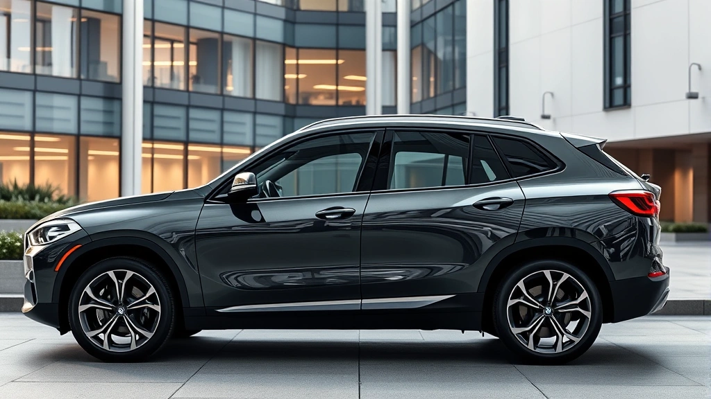 Luxury BMW iX electric SUV parked in contemporary urban setting with modern architecture, premium interior visible through windows, professional studio automotive lighting, clean minimalist background