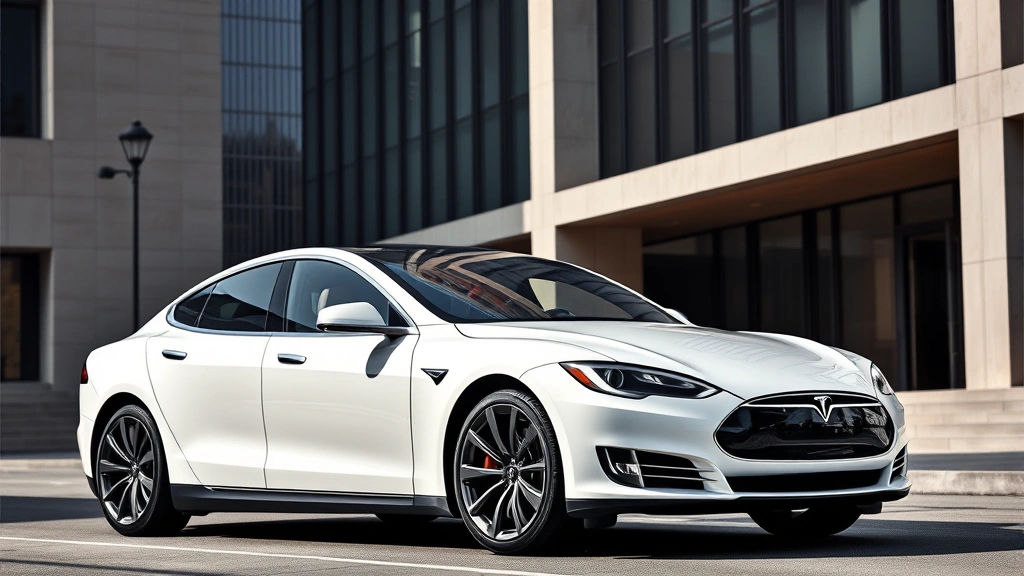 Modern Tesla Model S Plaid white electric sedan parked in contemporary urban environment with minimalist architecture, natural daylight, professional automotive photography