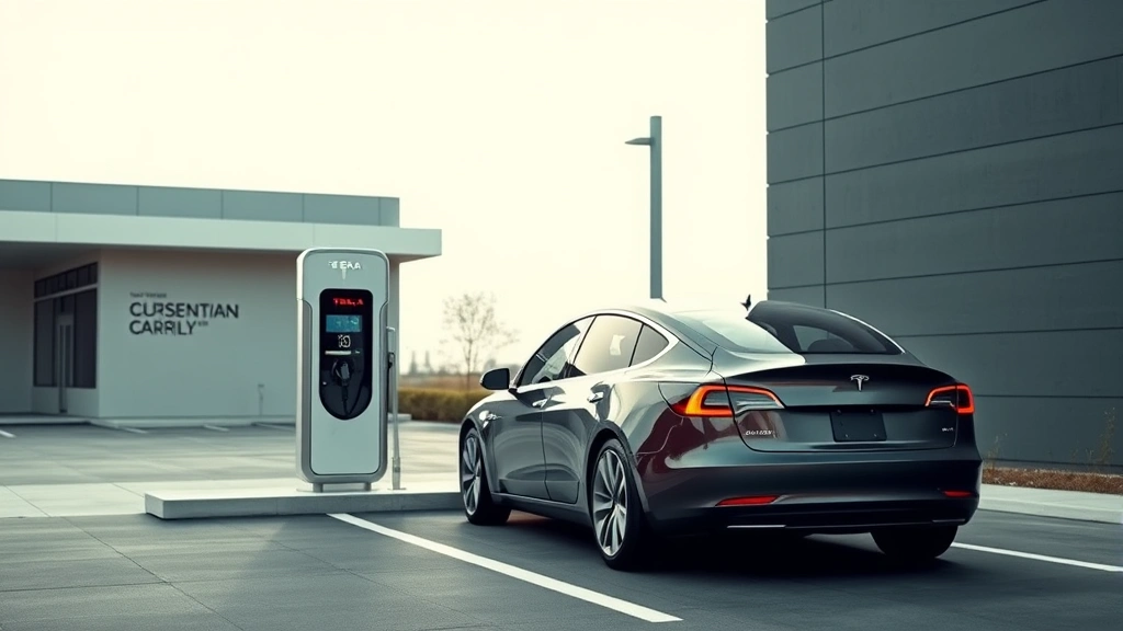 Tesla Model 3 electric sedan charging at modern public charging station with contemporary architecture, clean minimalist composition