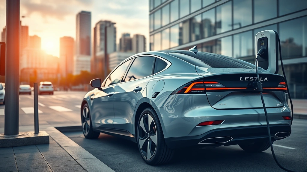 Modern electric sedan charging at public charging station with urban cityscape background, emphasizing sustainable transportation and contemporary design aesthetics