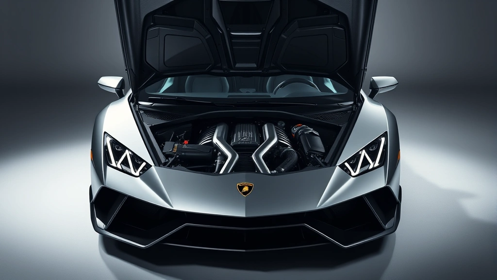 Lamborghini Revuelto with its distinctive V12 engine bay open, showcasing the engine compartment detail and hybrid technology components, professional studio lighting, dramatic shadows emphasizing engineering craftsmanship