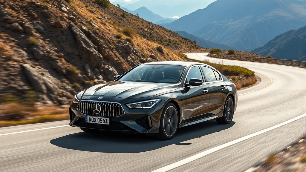 Luxury sedan driving on winding mountain road with scenic background, emphasizing dynamic handling and road presence, no visible text or badges