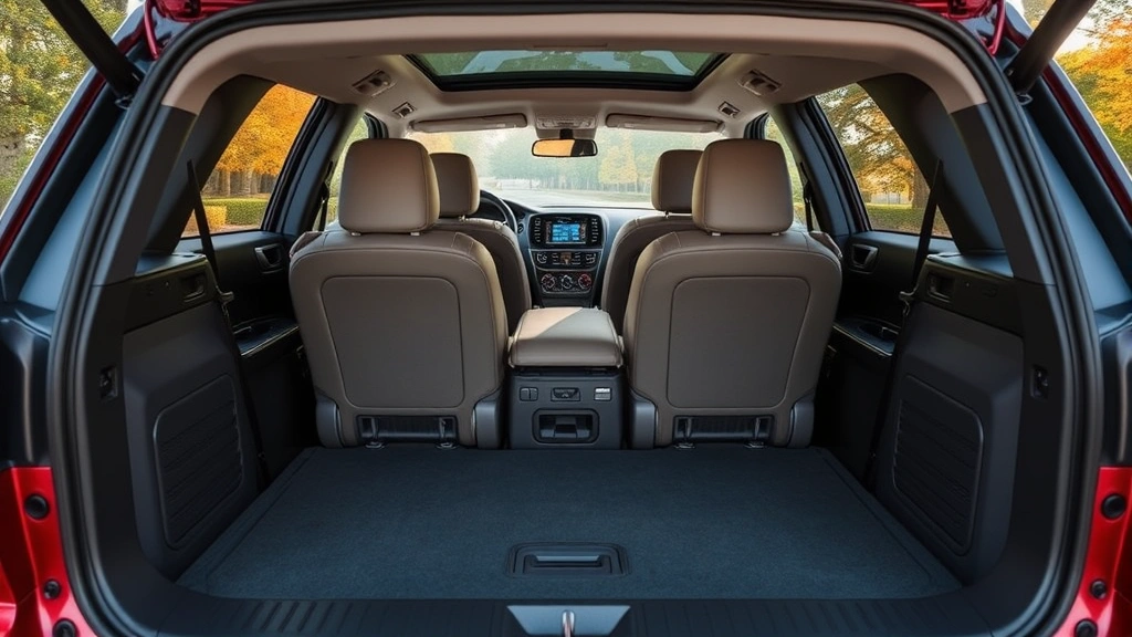Family SUV interior with three-row seating configuration, spacious cargo area, and modern technology features, showing practical versatility and comfort