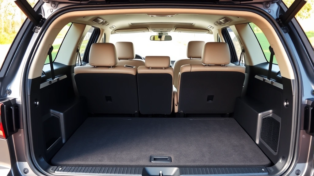 Three-row family SUV interior showing spacious third-row seating, cargo area capacity with seats folded, practical storage compartments, natural cabin lighting