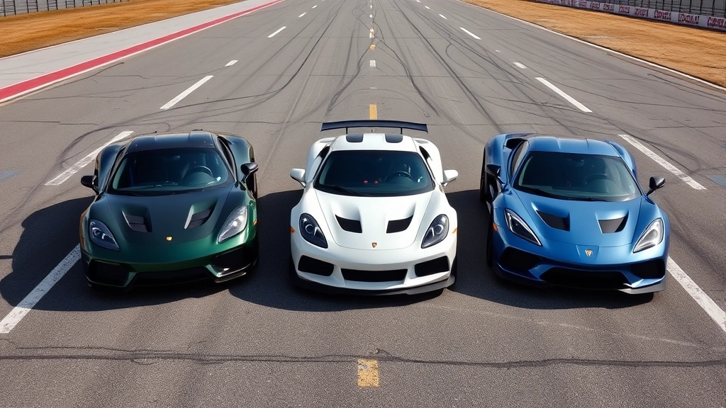 Three sports cars photographed side-by-side from elevated angle on empty racetrack, showcasing various colors and distinctive styling cues, racing lines visible on pavement