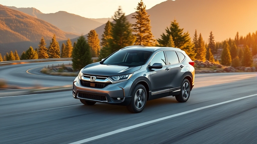 Honda CR-V compact crossover driving on scenic mountain road, metallic gray color, winding asphalt, evergreen forest landscape, golden hour lighting