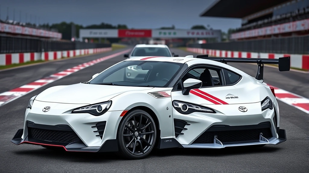 Toyota GR86 compact lightweight sports car parked on race track, white finish with racing stripes, professional motorsport photography, emphasizing nimble design and driver-focused engineering