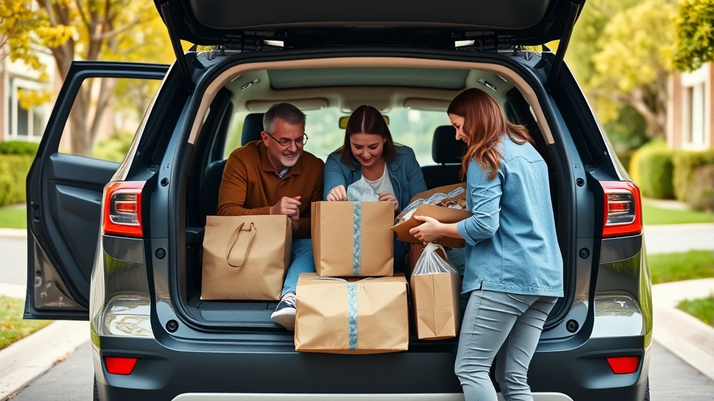 Family loading cargo into spacious crossover SUV, multiple passengers visible, practical real-world usage scenario, suburban setting, modern vehicle with open tailgate