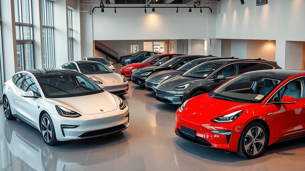 Multiple electric vehicles displayed together at premium dealership showroom with minimalist modern interior design and soft ambient lighting