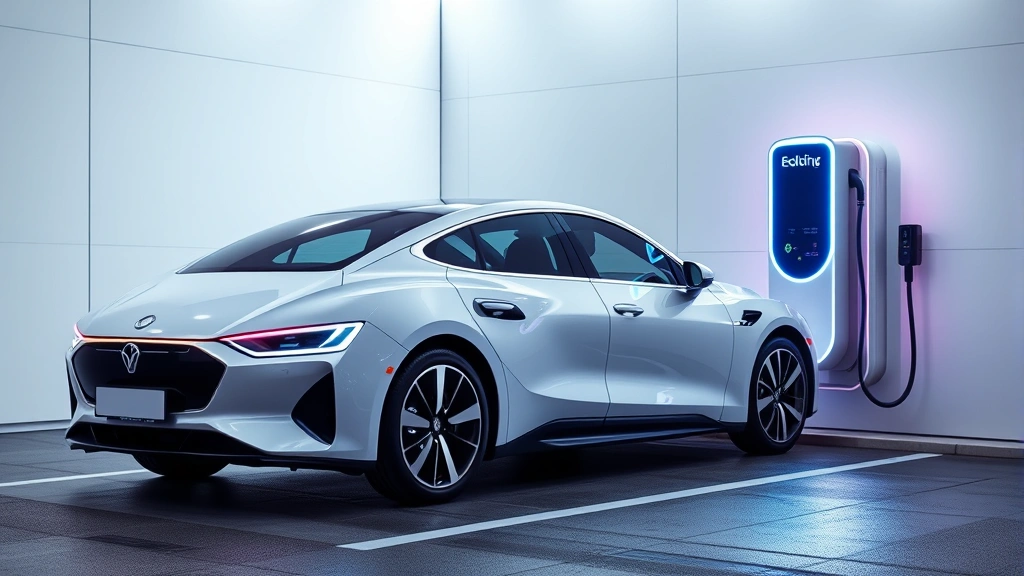 Electric sedan charging at modern charging station with futuristic design elements, LED lights illuminating the scene, clean minimalist aesthetic