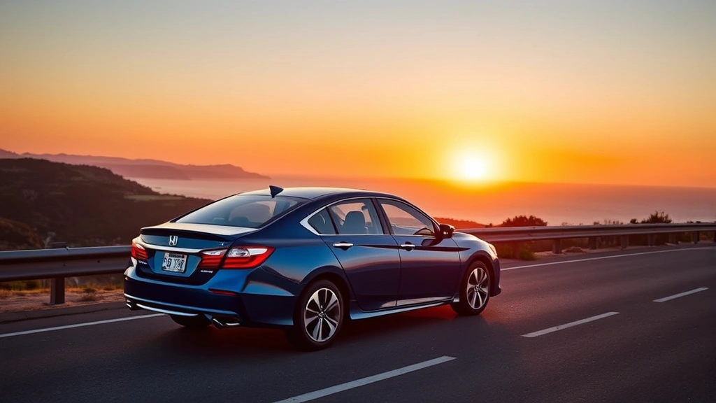 Honda Accord compact sedan in metallic blue photographed at sunset on coastal highway, showing elegant proportions and refined styling details