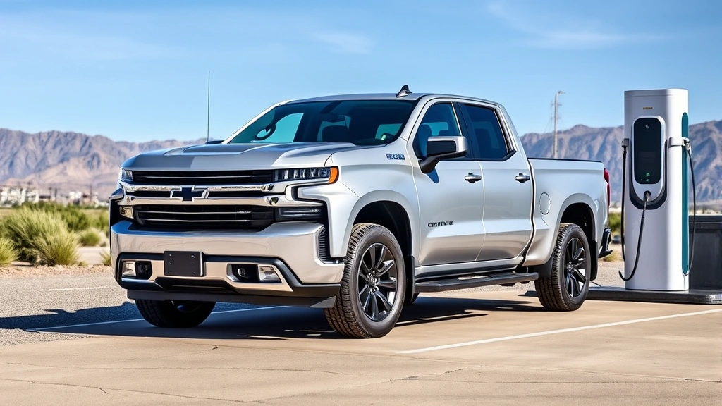 Chevrolet Silverado EV electric truck in silver metallic, parked at outdoor charging station with mountains in background, emphasizing truck bed and modern grille design