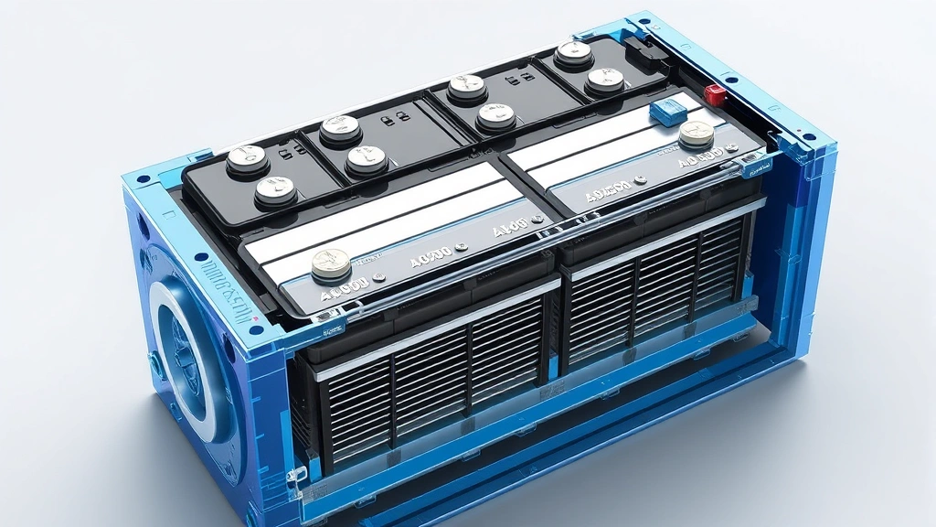 Vehicle battery pack cross-section showing internal cell structure and thermal management cooling channels, blue and silver color scheme, technical automotive component